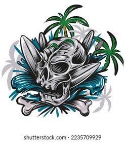 skull head on the beach with a surfboard. vector illustration