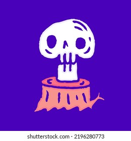 Skull head on the cutting tree cartoon, illustration for t-shirt, sticker, or apparel merchandise. With modern pop and retro style.