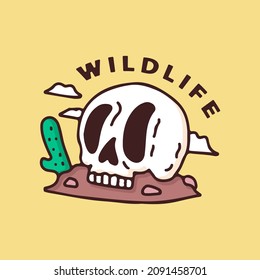 Skull head on desert with cactus. illustration for t shirt, poster, logo, sticker, or apparel merchandise.