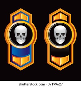skull head on vertical orange arrows