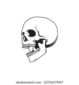 Skull head with open mouth perspective view. Design element for shirt design, logo, sign, poster, banner, card