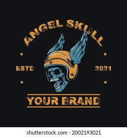 skull head with orange wings helmet with angel skull lettering