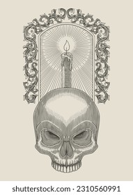 skull head with ornament scroll and candle. hand drawing vintage engraving illustration