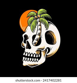 skull head with palm tree design illustration, summer design