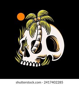 skull head with palm tree design illustration, summer design