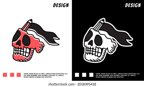 skull head with pencil flags in retro style. illustration for t shirt, poster, logo, sticker, or apparel merchandise.