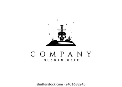 skull head piercing sword logo vector icon illustration