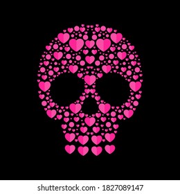 Skull head pink heart background for fashion design, patterns, tattoos. Vector illustration