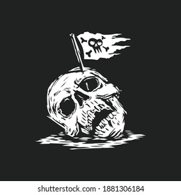 skull head with pirates flag on the head. vector illustration. t shirt,logo,tattoo design.	