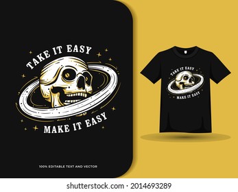 skull head planet cartoon on t shirt design. skeleton artwork. editable vector graphic illustration