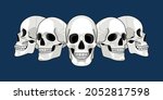 Skull head profile. Human skulls profiles picture, front and side scull bones, skeleton faces, different sides dead man heads cartoon drawing vector illustration