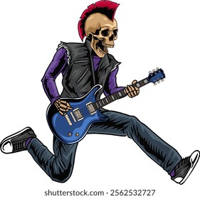 Skull Head Punk playing Guitar World Rock Day in Vector Cartoon Illustration