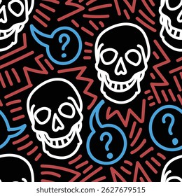 Skull head and question mark symbol seamless pattern in black.