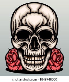 Skull head with red roses. Premium vector