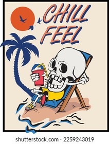 Skull head relaxing on the beach, and enjoying sunny day, under a palm tree refreshing having juice.