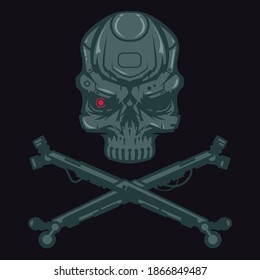 Skull head of robot and cross bones. Creative character design isolated on black background in hand drawn cartoon style. Futuristic technology concept for print, cover, tattoo. Vector illustration.