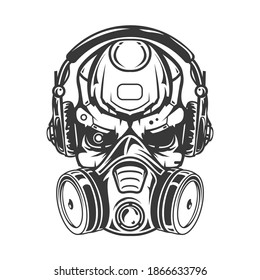 Skull head of robot with headphones and gas mask. Creative character design isolated on white background in hand drawn cartoon style. Technology concept for print, cover, tattoo. Vector illustration.