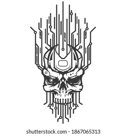 Skull head of robot with technology elements. Creative character design isolated on white background in hand drawn cartoon style. Futuristic concept for print, cover, tattoo. Vector illustration.