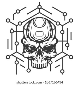 Skull head of robot with technology elements. Creative character design isolated on white background in hand drawn cartoon style. Futuristic concept for print, cover, tattoo. Vector illustration.