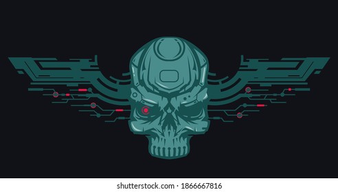 Skull head of robot with wings. Creative character design isolated on black background in hand drawn cartoon style. Technology concept for print, cover, tattoo. Vector illustration.
