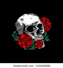 skull head with rose flower