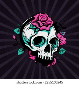 Skull head and rose flower, symbol drawing print. Dead vector retro death ornament