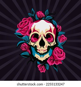 Skull head and rose flower, symbol drawing print. Dead vector retro death ornament