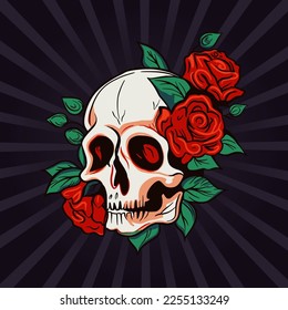 Skull head and rose flower, symbol drawing print. Dead vector retro death ornament