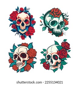 Skull head rose flower symbol set. Dead drawing print collection, retro death plant design 