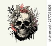 Skull head with rose of vintage illustration