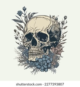 Skull head with rose of vintage illustration