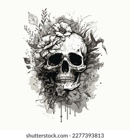 Skull head with rose of vintage illustration