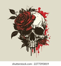 Skull head with rose of vintage illustration