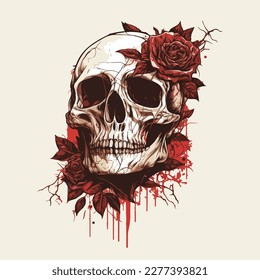 Skull head with rose of vintage illustration