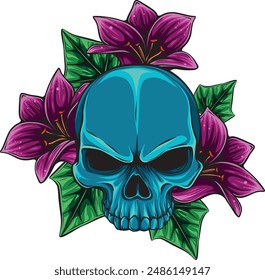 Skull head with rose of vintage illustration