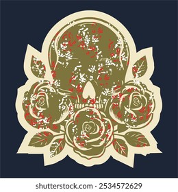Skull head with rose of vintage illustration