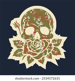 Skull head with rose of vintage illustration