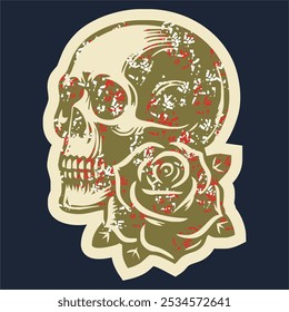 Skull head with rose of vintage illustration