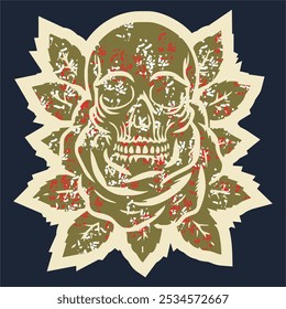 Skull head with rose of vintage illustration