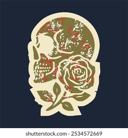 Skull head with rose of vintage illustration