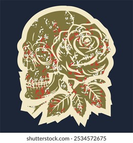 Skull head with rose of vintage illustration