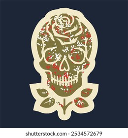 Skull head with rose of vintage illustration