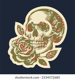 Skull head with rose of vintage illustration