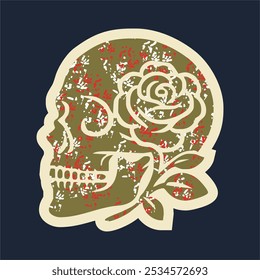 Skull head with rose of vintage illustration