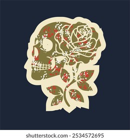 Skull head with rose of vintage illustration