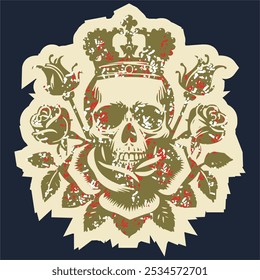 Skull head with rose of vintage illustration