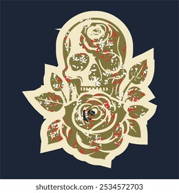 Skull head with rose of vintage illustration