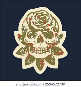 Skull head with rose of vintage illustration