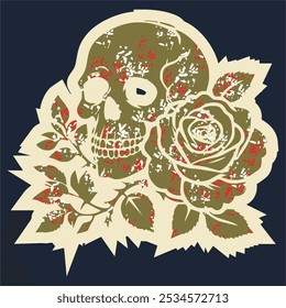 Skull head with rose of vintage illustration