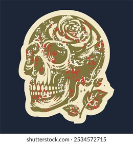 Skull head with rose of vintage illustration